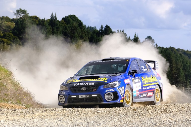 Subaru WRX STI driver Ben Hunt and co-driver Tony Rawstorn storm to a runner-up result at the ENOS International Rally of Whangarei this weekend. PHOTO: GEOFF RIDDER.