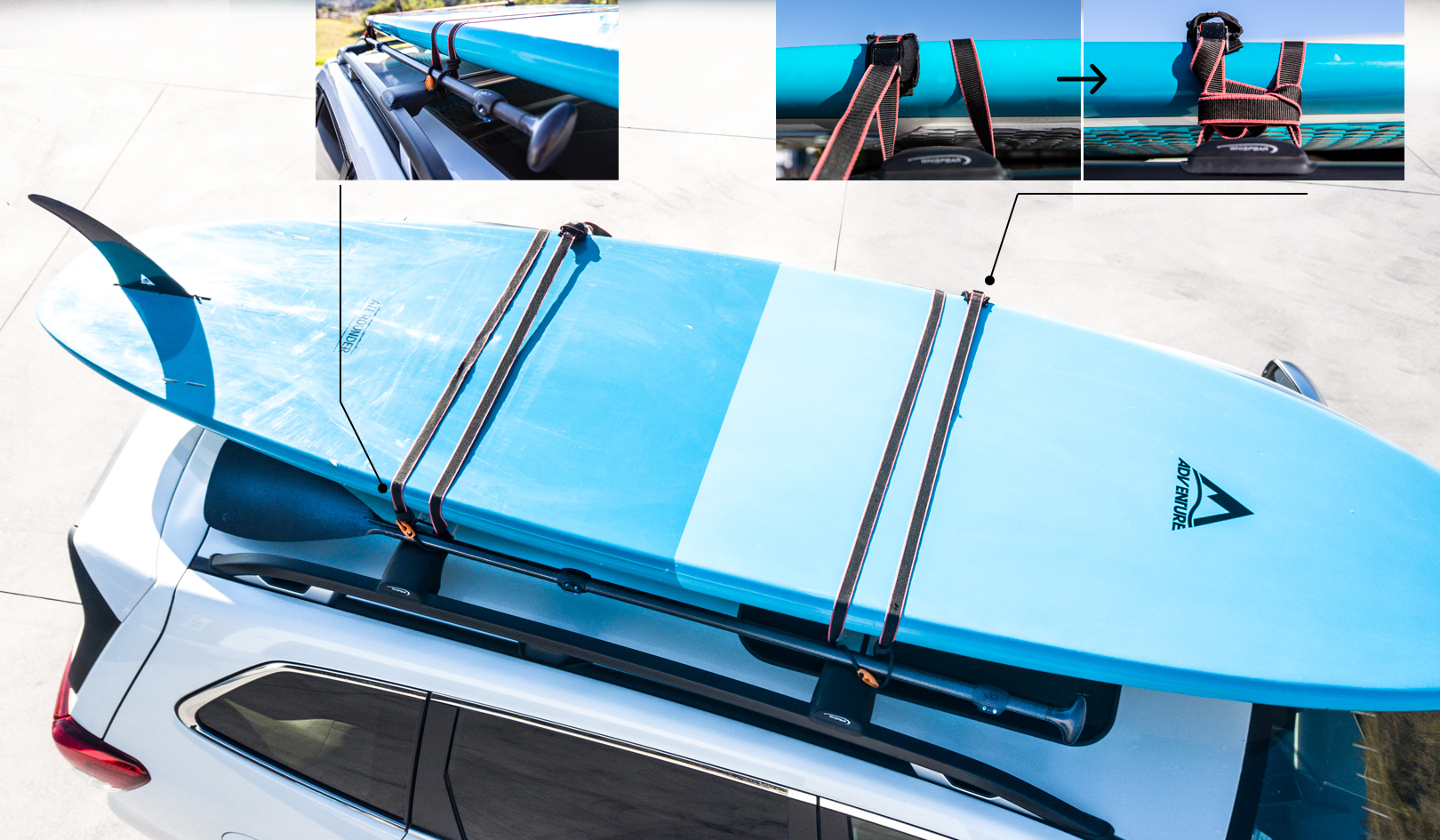 It's important to use the right ties when securing a SUP to your Subaru It's important to use the right ties when securing a SUP to your Subaru