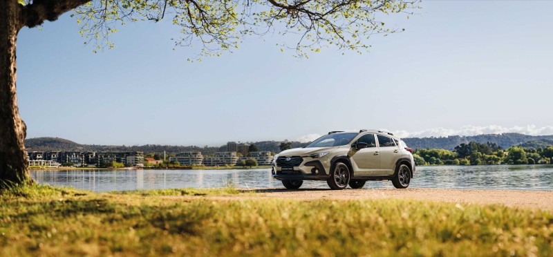 2026 Crosstrek in Sand Dune Pearl by lake