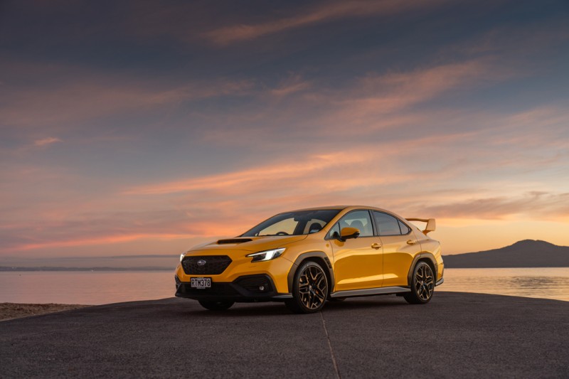 WRX Senkō front 3/4 on boat ramp at sunset