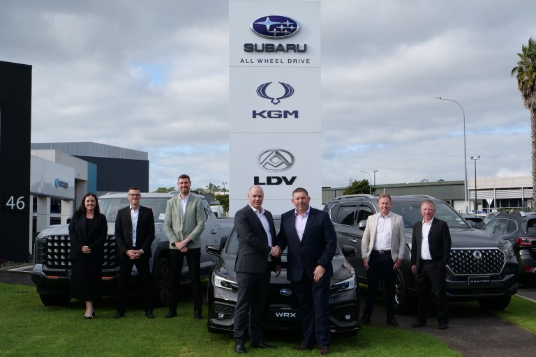Present at the Inchcape and UDC Finance partnership announcement are (from left to right) Claire Dalton (LDV National Sales Manager), Wayne McClennan (Subaru National Sales Manager), Grey Lynskey (National Distribution Manager – UDC), Andrew Brough (General Manager-Dealer  - UDC), Jerry Delaney (Head of Distribution – Inchcape NZ), Nick Proctor (Sales Manager – UDC) and Bevan Dale (KGM National Sales Manager).