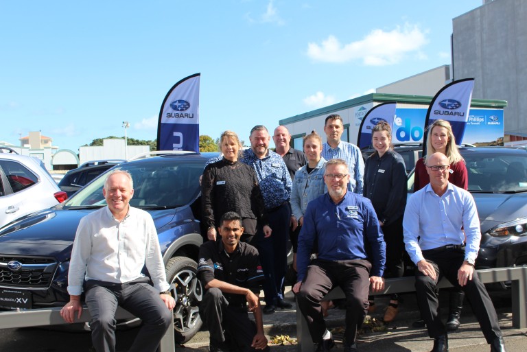 The new W.R. Phillips Subaru Taranaki team with Subaru of New Zealand's Peter Douglas-Bell (far right, bottom row.)