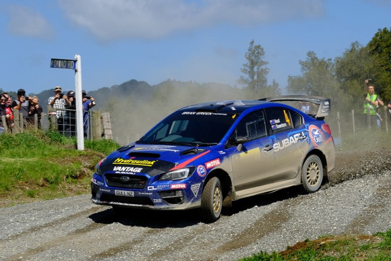 Ben Hunt and Tony Rawstorn on their way to winning the Handy Rentals Hamilton Rally of Waitomo, in the Subaru WRX STi. PHOTO: GEOFF RIDDER.