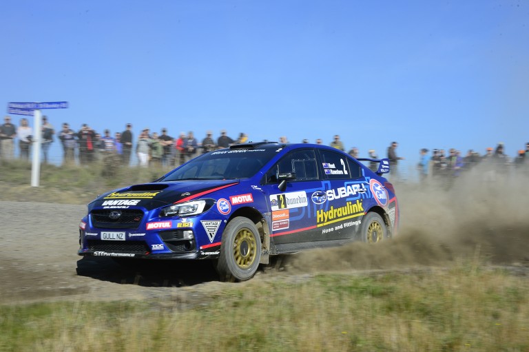 Ben Hunt and Tony Rawstorn round a corner in the Subaru WRX STi at the Drivesouth International Otago Rally this weekend. PHOTO: GEOFF RIDDER