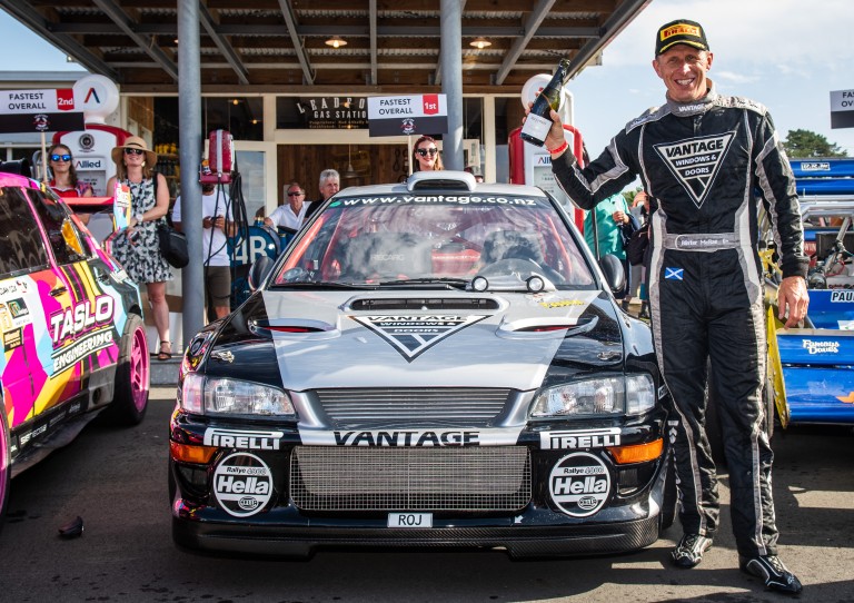 Vantage Subaru driver Alister McRae celebrates winning his third consecutive Leadfoot Festival title today. PHOTO: WISHART MEDIA.