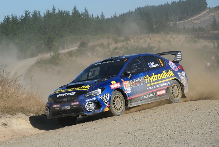 Ben Hunt and Tony Rawstorn in the Subaru WRX STI on their way to winning the NZRC section of the Drivesouth Rally of Otago. Photo: Geoff Ridder.