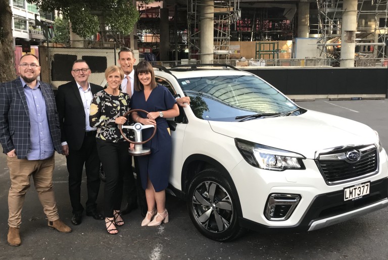 At tonight's NZ Car of the Year presentation are NZ Motoring Writers' Guild president Richard Edwards, Subaru New Zealand Managing Director Wallis Dumper, Seven Sharp hosts Hilary Barry and Jeremy Wells and Subaru's Marketing Manager Daile Stephens.