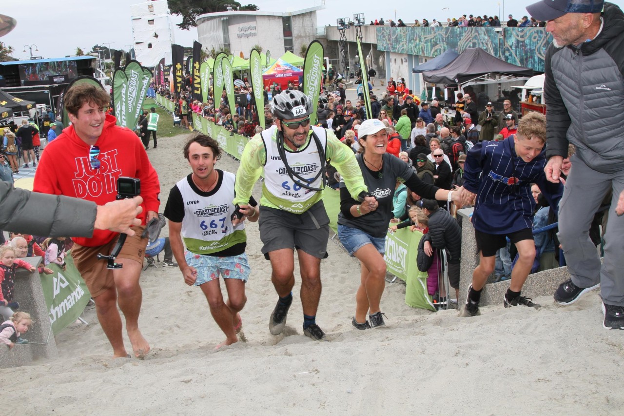 The Seelen family crossing the finish line at Kathmandu Coast to Coast