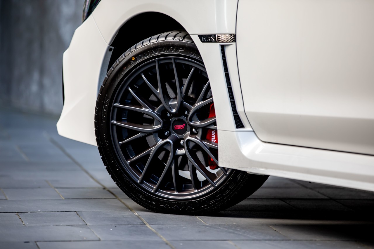 The limited-edition Subaru SAIGO WRX sports 18" STI wheels.