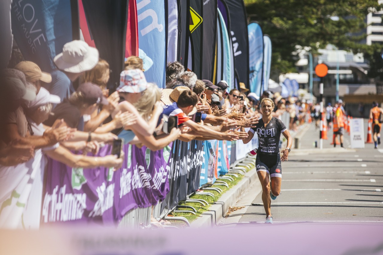 Triathlete Hannah Wells on her way to winning the 2019 Tauranga Half Ironman/Middle Distance National Championships.  Photo credit: Jemma Wells Photography