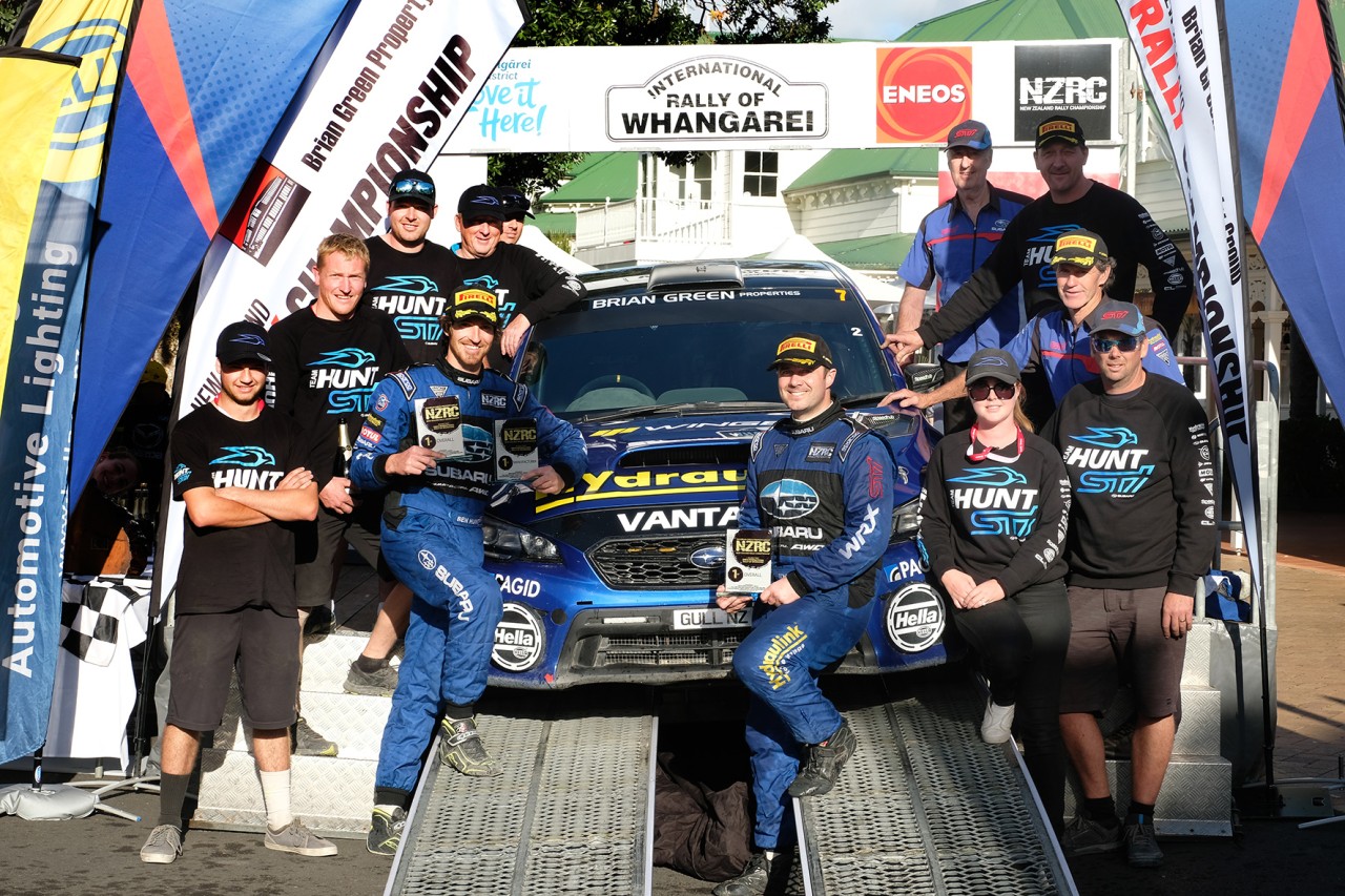 The Hunt Motorsports team celebrates their second podium result of the 2019 season at the ENOS International Rally of Whangarei this weekend. PHOTO: GEOFF RIDDER.