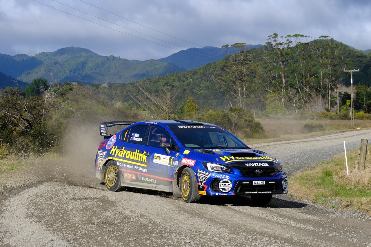 Ben Hunt's Subaru WRX STI on its way to wrapping up the Brian Green Property Group New Zealand Rally Championship today at the Coromandel Rally, with a round to spare. PHOTO: GEOFF RIDDER.