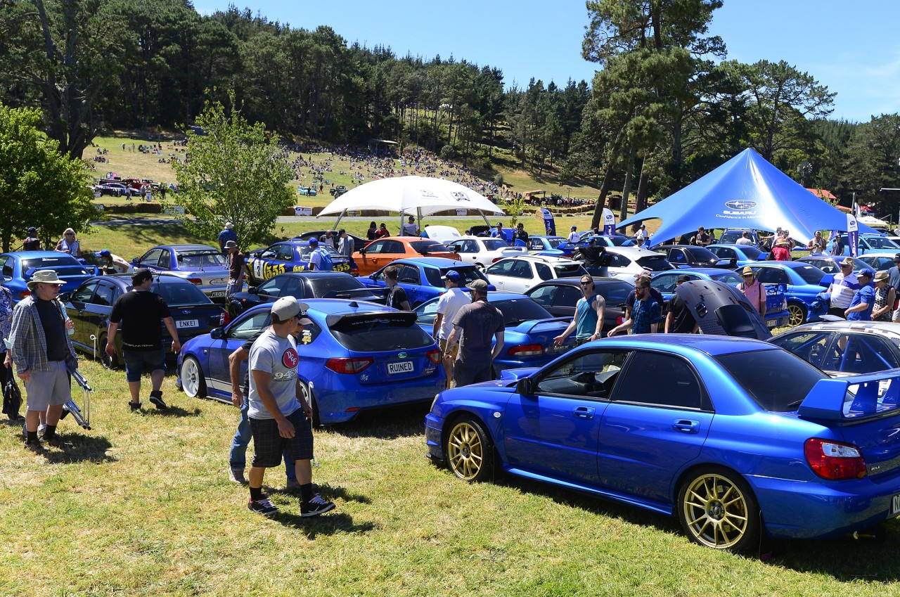 The 25 best WRX competition winners line-up in front of the Subaru tent at the Leadfoot Festival. PHOTO: GEOFF RIDDER