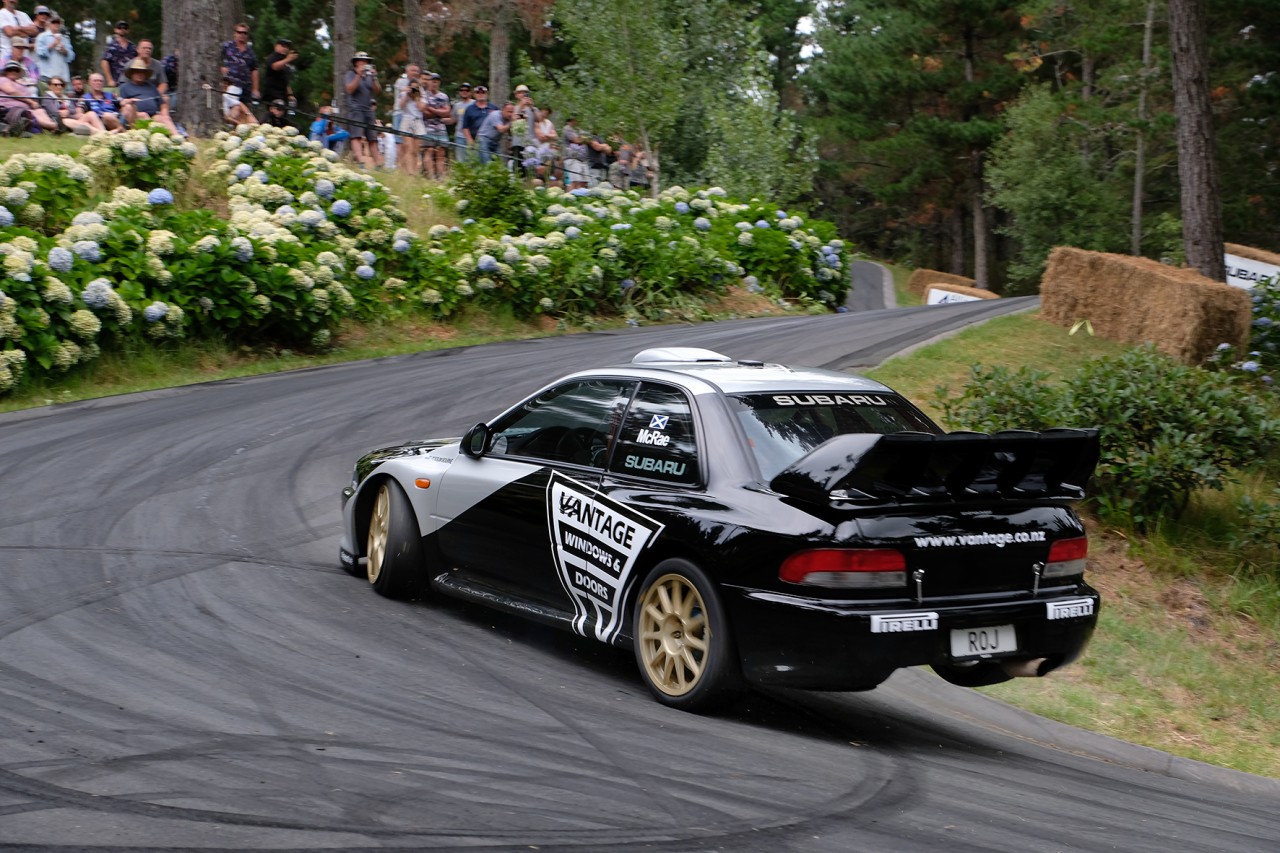 Alister McRae powers the Vantage Subaru up the Leadfoot Festival driveway. PHOTO: GEOFF RIDDER.