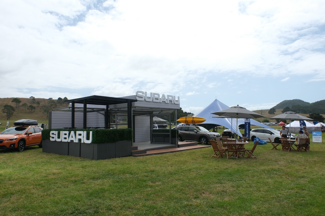 The new Subaru stand has a backyard entertaining theme.