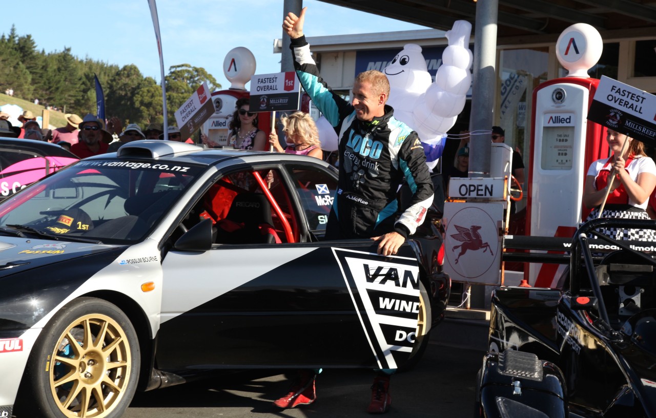 Scottish rally star Alister McRae gives the thumbs up after winning the 2017 Leadfoot Festival in the Vantage Motorsport Subaru WRX today. PHOTO: DAVID PEARCE.