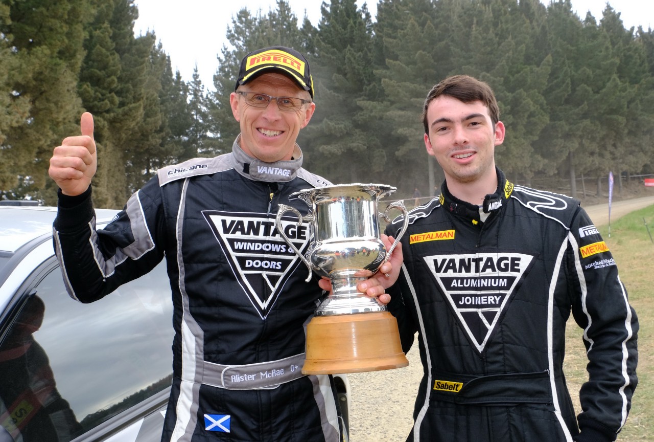 Alister McRae and co-driver Nick Taylor with the winner's trophy from the Ashley Forest Rallysprint. PHOTO: GEOFF RIDDER.