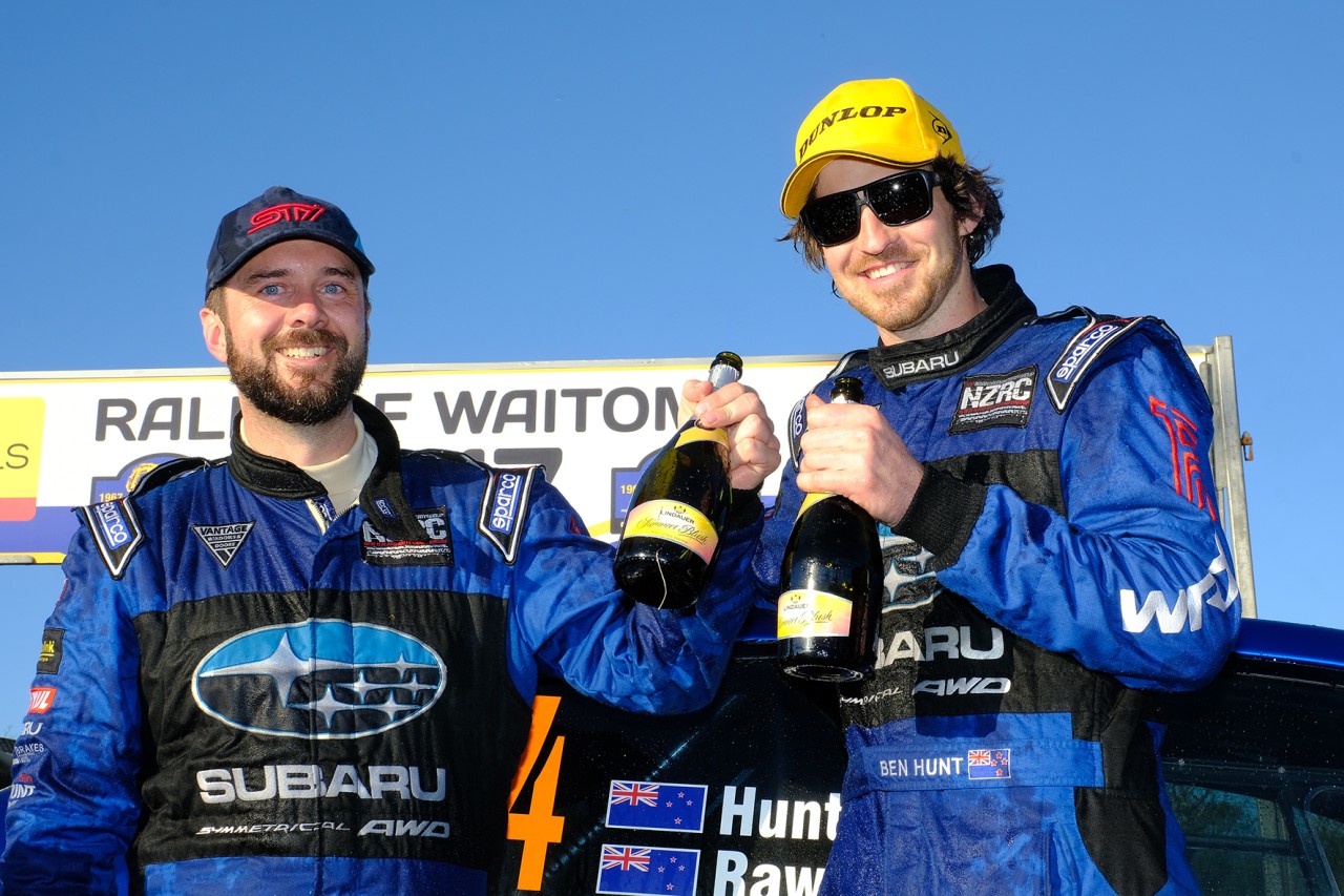 Co-driver Tony Rawstorn (left) and Ben Hunt celebrate winning the Handy Rentals Rally of Waitomo last month. PHOTO: GEOFF RIDDER.