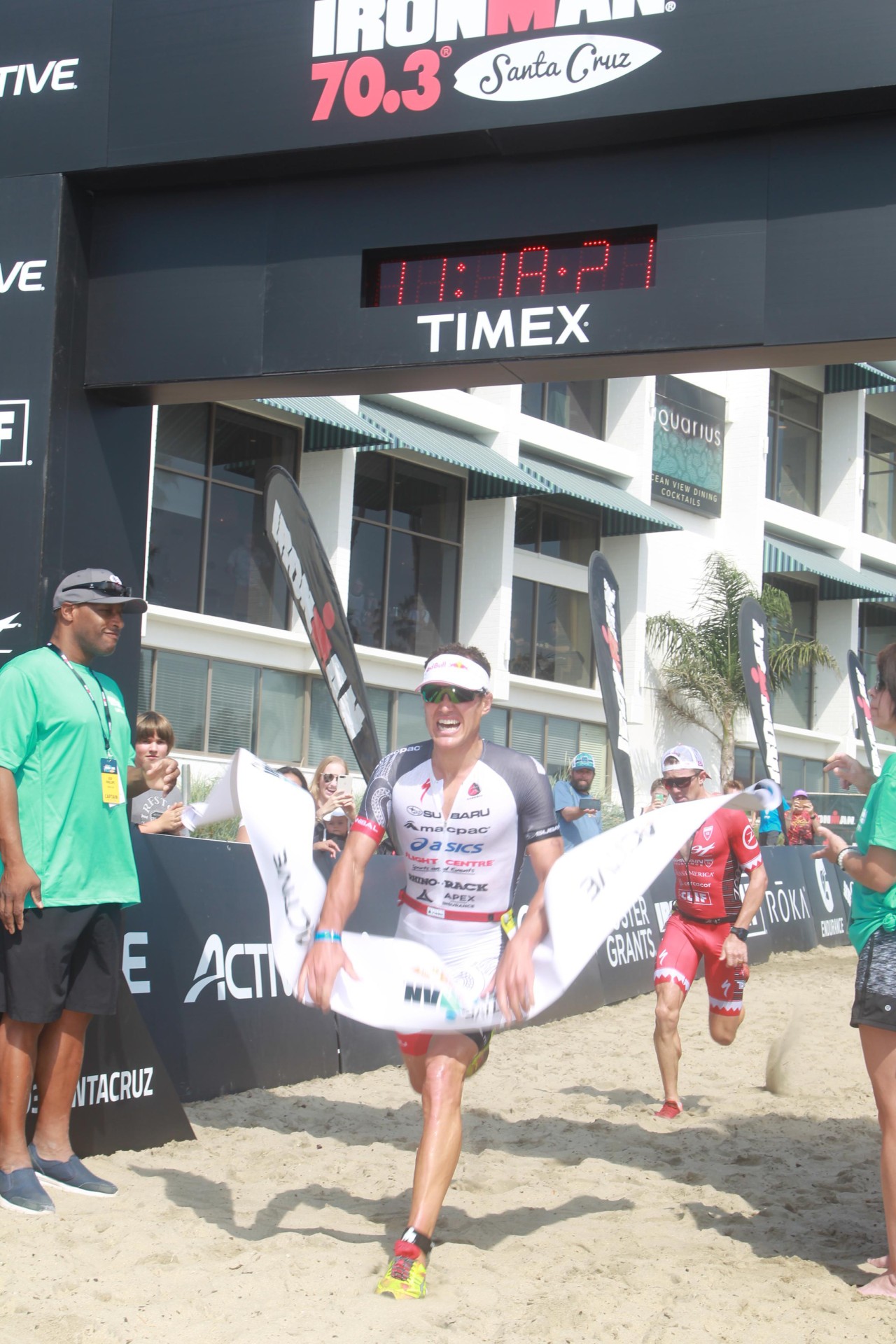 Subaru Brand Ambassador Braden Currie wins the Santa Cruz 70.3 in September, after a sprint finish with United States athlete Ben Hoffman. PHOTO SUPPLIED BY SANTA CRUZ 70.3