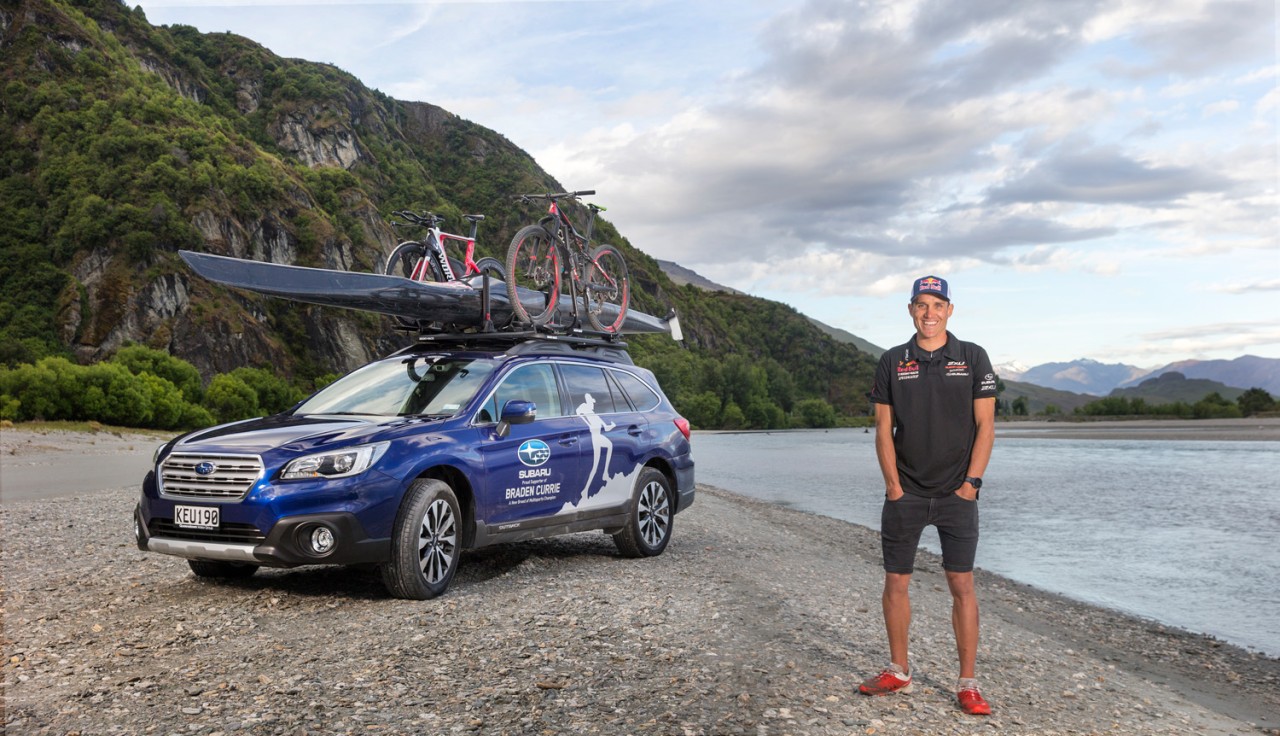 Subaru Brand Ambassador Braden Currie with his Subaru Outback, which has enabled him to ‘do’ his very best to prepare for a fourth Kathmandu Coast to Coast victory in February. PHOTOS FREE FOR EDITORIAL USE.