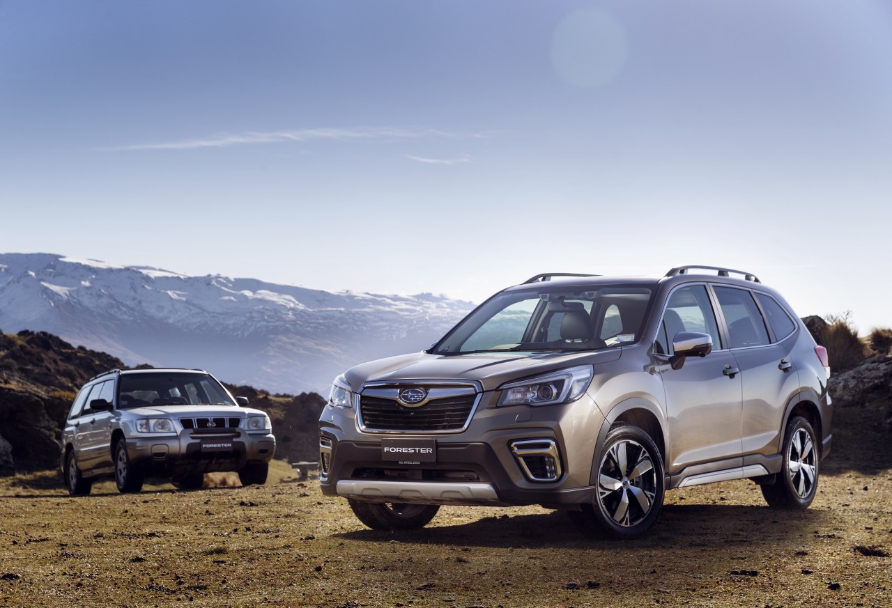 The first Subaru Forester model was launched in New Zealand in 1997 (left) and 21 years later the fifth generation Forester is upgrading families' fun.