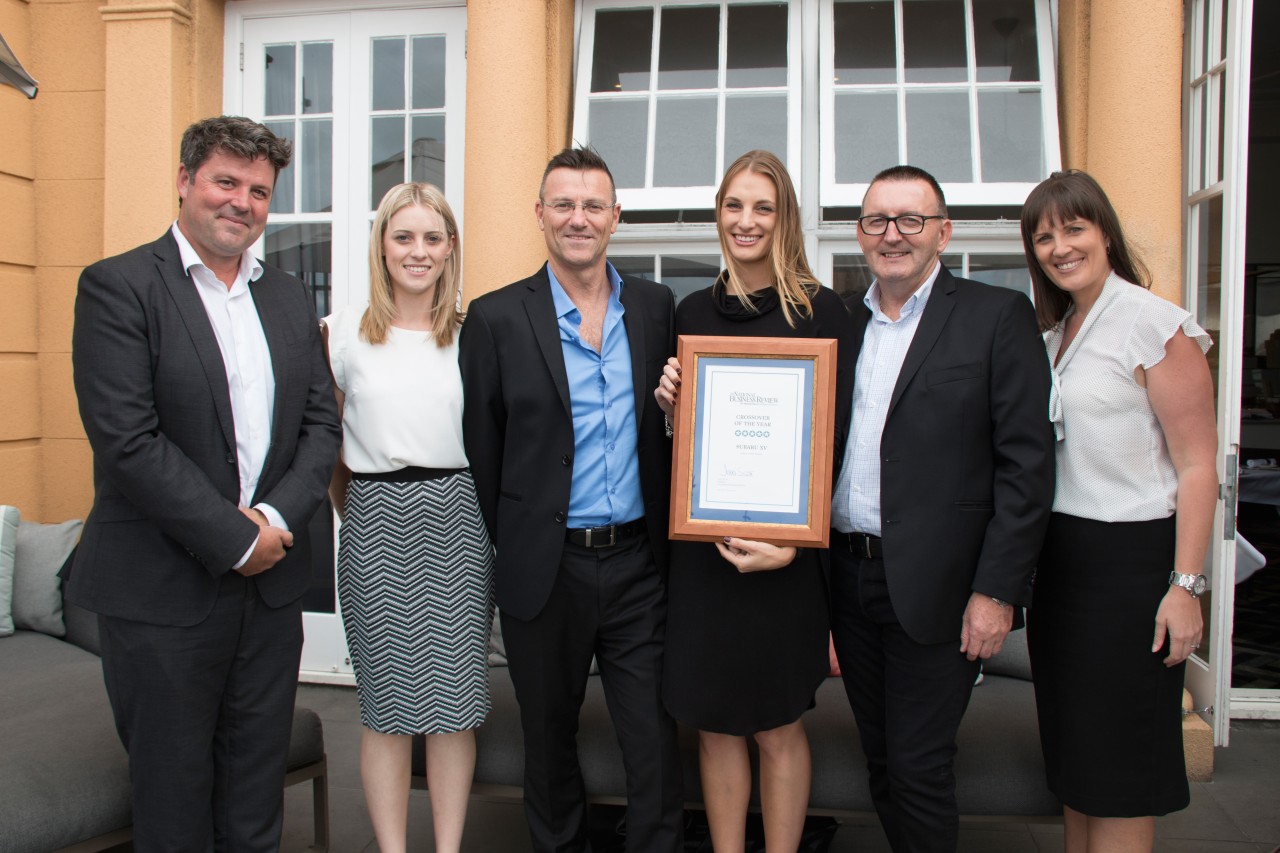 At the awards function are (from left) the NBR's Motoring Editor Cameron Officer and the Subaru team of Amie Mellor, Wayne McClennan, Ally French, Wallis Dumper and Daile Stephens.