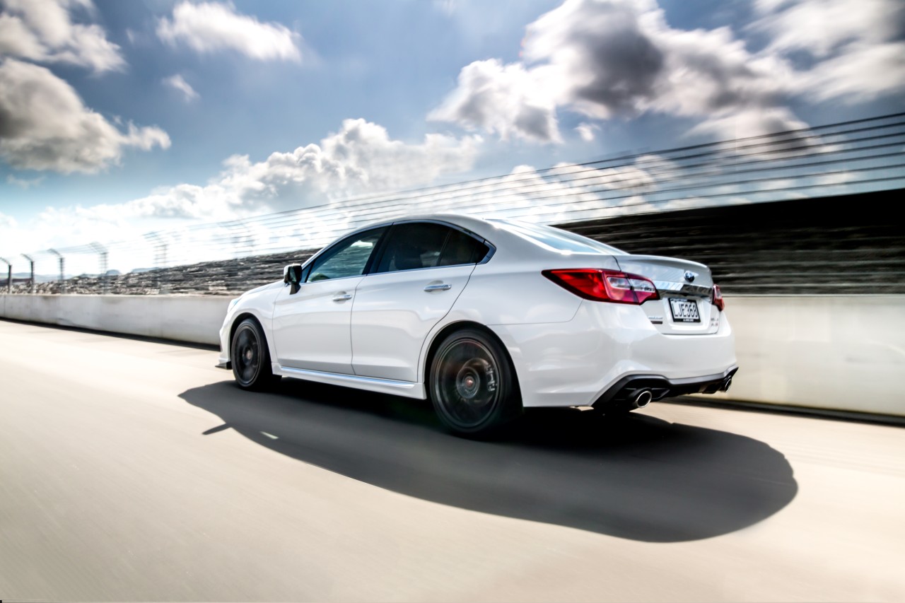 Subaru Legacy 3.6RS with STI Performance white rear exterior