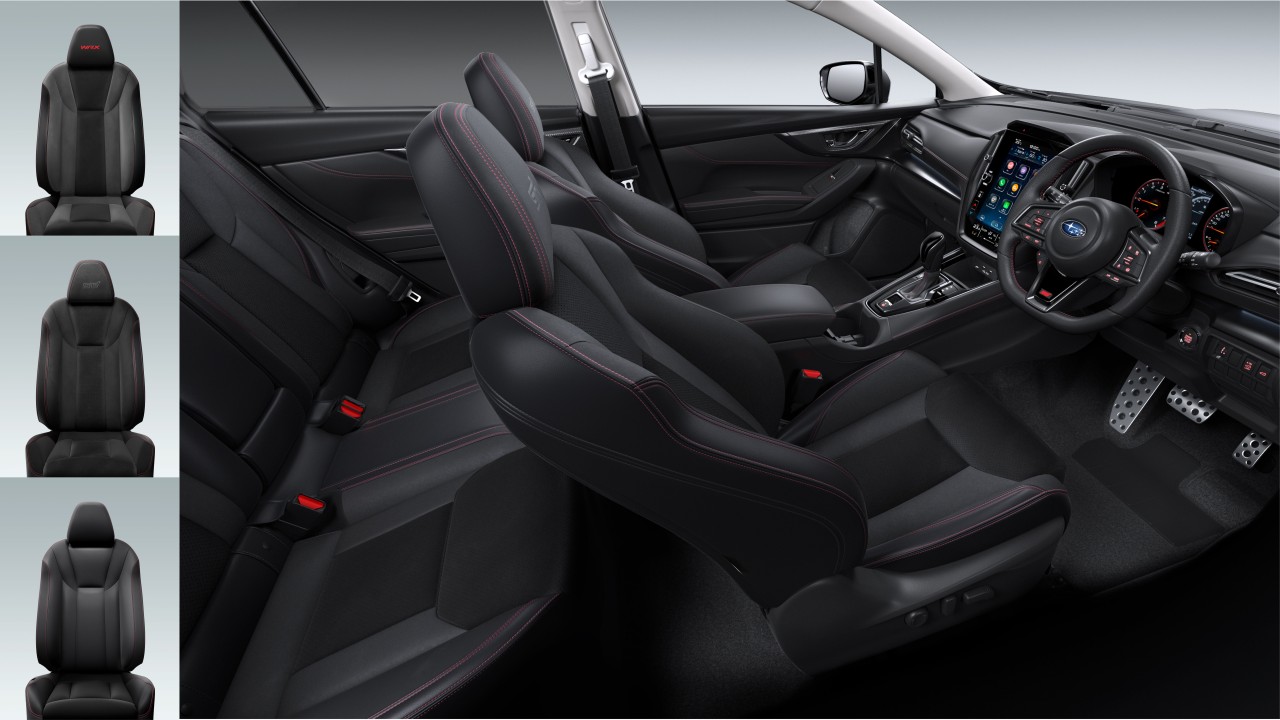 The WRX interior. WRX sedans with WRX headrest embossing, WRX GT tS with STI headrest embossing and WRX GT Premium with leather.
