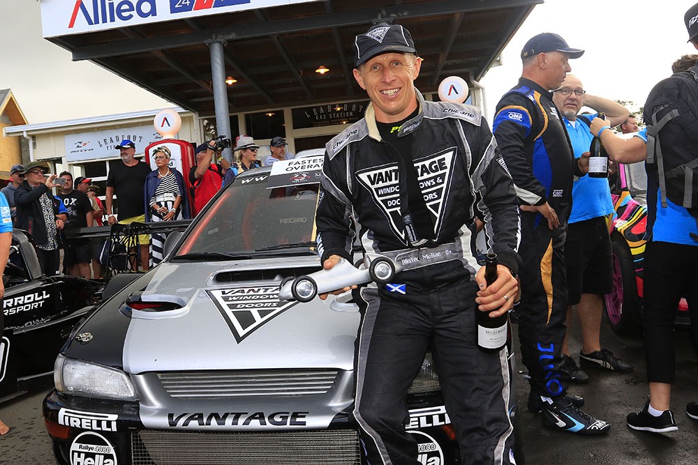 Scottish rally driver Alister McRae celebrates winning the Leadfoot Festival for the second year running in the Vantage Subaru. PHOTO: GREG HENDERSON