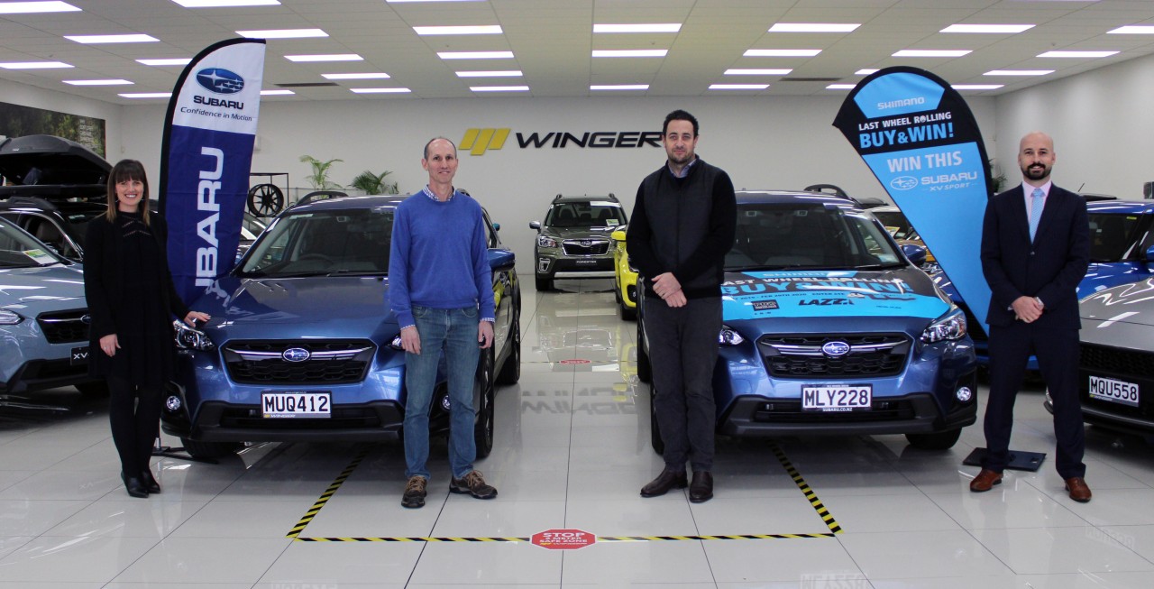 Present at the Subaru XV Sport prize handover today at Winger North Shore were Daile Stephens (Subaru), Charles Oram (winner), Ben Ashby (Shimano) and Clint Gauld (Winger North Shore) .