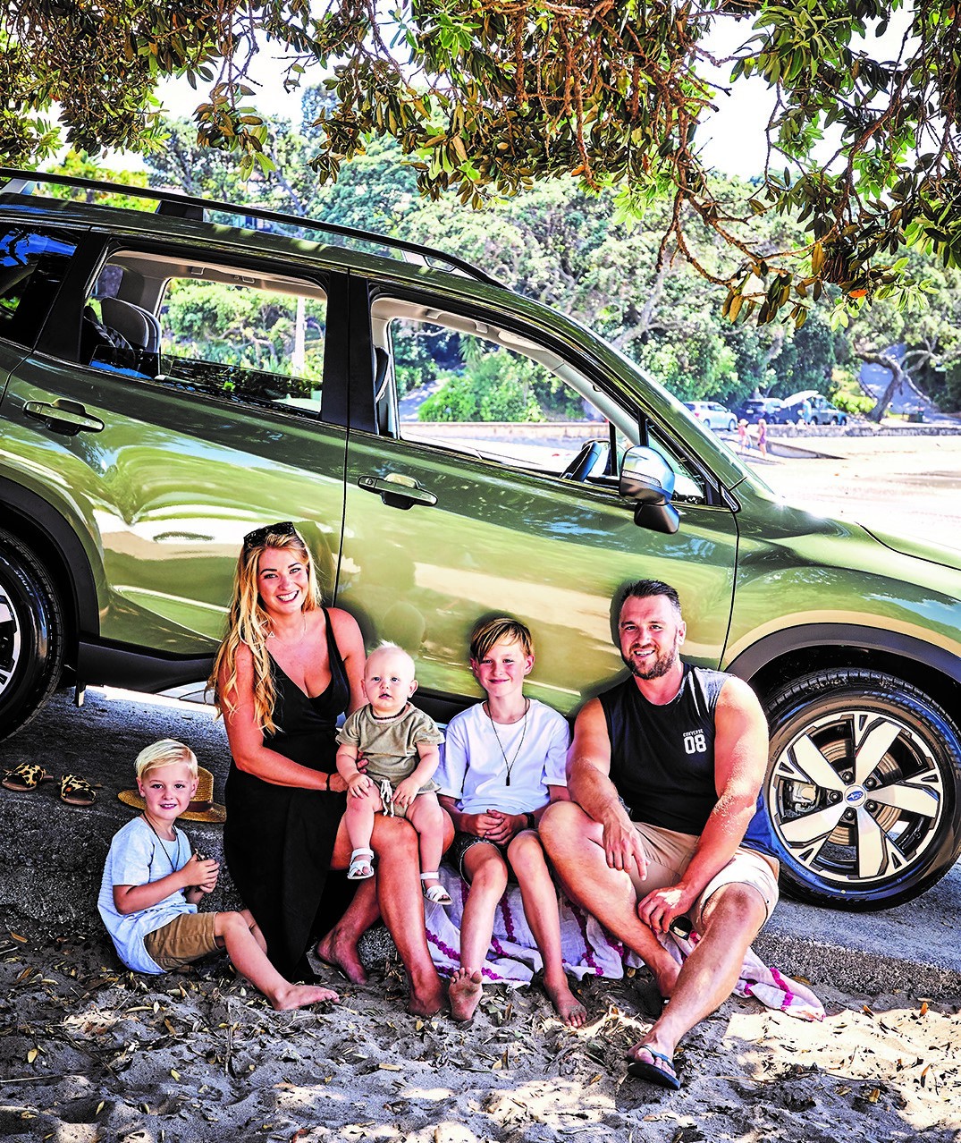 Subaru Fun Box Challenge. Tarryn Donaldson and family with the Subaru Forester Subaru Fun Box Challenge - Beach
