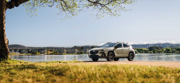 2026 Crosstrek in Sand Dune Pearl by lake