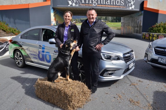 Subaru of New Zealand Managing Director Wallis Dumper and Federated Farmers President Katie Milne launch the new partnership at Highlands Motorsport Park in Cromwell.