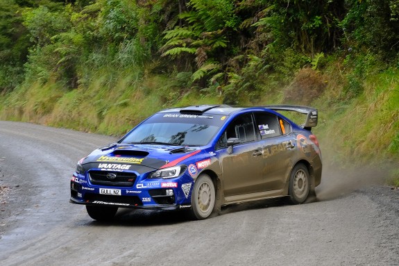 Ben Hunt and Tony Rawstorn, on their way to third place in the Subaru WRX STi, at the Mahindra Goldrush Rally of Coromandel. PHOTO: GEOFF RIDDER.